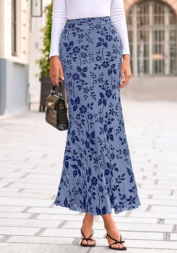 BTFBM Womens Floral Mesh Maxi Skirts,Dusty Blue,Small - image 2