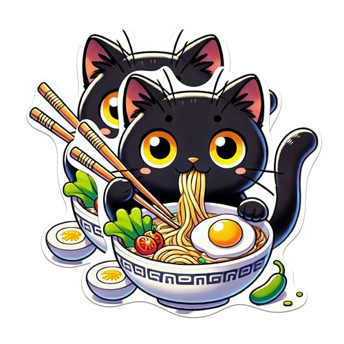 (2 Pack) Cute Kitten Eating Ramen Stickers - Kawaii Cat Eating Ramen Decals - 5 Inches On Longest Side - Premium Vinyl Decal - Sticks to Any Smooth Flat Surface - Made in USA - BMCS2106