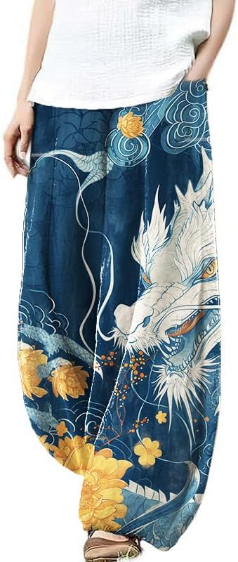 Harem Pants Women Floral Printed Wide Leg Casual Cotton Linen High Waist Summer Bea...