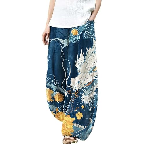 Flowy Pants for Women Boho Japanese Loong Head Print Loose Fit Casual Travel Cotton Pants with Pockets Soft Elastic Waist Relax for Festival Lightweight Lounge Trousers,Navyblue,S