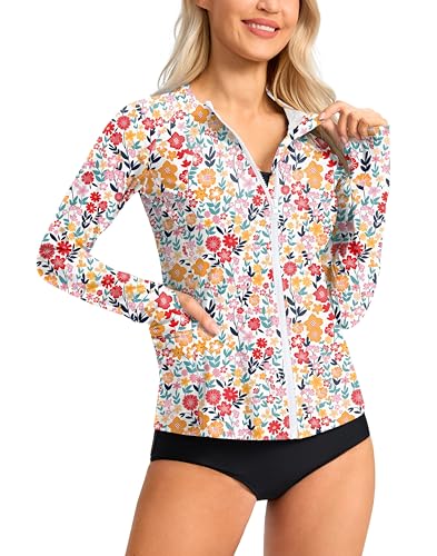 SANTINY Women's Rash Guard UPF50+ SPF UV Protection Long Sleeve Swimsuit Top with Pockets Zip Front Swim Shirts Woman (Floral_L)