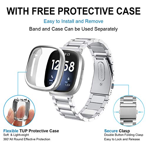 Maxjoy Compatible with Fitbit Sense/Versa 3 Bands, Versa3 Metal Band Large Stainless Steel Bracelet Wristband with Protective Case for Men Women Compatible with Fitbit Sense/Versa 3 Watch, Silver