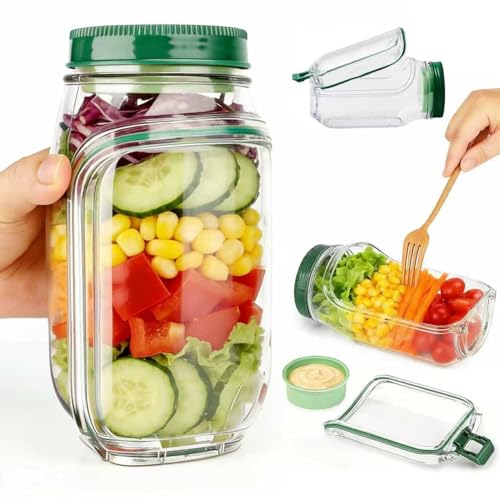 Domisella 700mL Salad Pod Jar Leak Proof Salad Container with Side Dressing Case Vertical Layering & Built-In Bowl Portable Plastic Lunch Box for Salad Fruit Travel Party