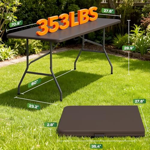 Image of FDW 6 FT Folding Table, Portable Plastic Table with Carrying Handle Perfect for Indoor, Outdoor, Party, Dining, Wedding, Events, Camping, Brown