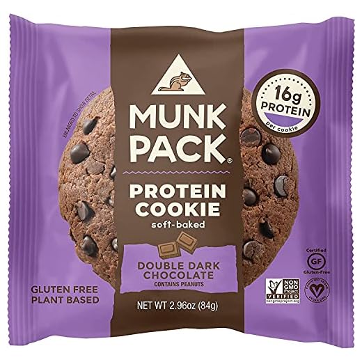 Munk Pack Soft Baked Protein Cookie | Plant Based & Vegan Snacks | Non-GMO Double Dark Chocolate | Individually Wrapped Gluten Free Chewy Cookies | 12 Pack