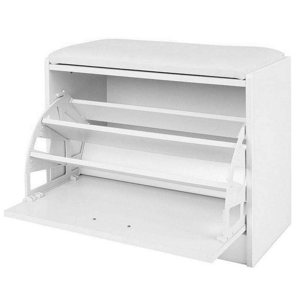 BAKAJI Banc de Rangement à Chaussures en Bois avec Porte à Rabat, Triple Profondeur et Assise en Simili Cuir, Coffre Dimensions 60 x 30 x 48 cm (Blanc)