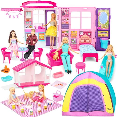 Dollhouse Gift Set - Grande Maison de poupées Pliable 6-en-1, Plus de 60 Accessoires avec Meubles, 2 Petites poupées, Animaux & Camping – Coffret Portable...