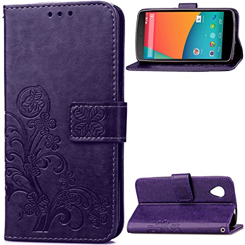 Nexus 5 Case,Gift_Source [Card Slot] [Kickstand Feature] Premium Vintage Emboss Flower PU Leather Wallet Case Folio Flip Case with Wrist Strap for LG Google Nexus 5 [Purple]