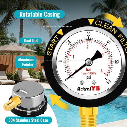 Image of Pool Filter Pressure Gauge, 304 Stainless Steel, IP67 Waterproof, 0-60 Psi /Bar, 2 inch Dial, 1 /4 inch NPT Bottom Mount, ±2% Accuracy, for Swimming Pool,Sand Filter Systems 1Pc, Taflon Tape Included