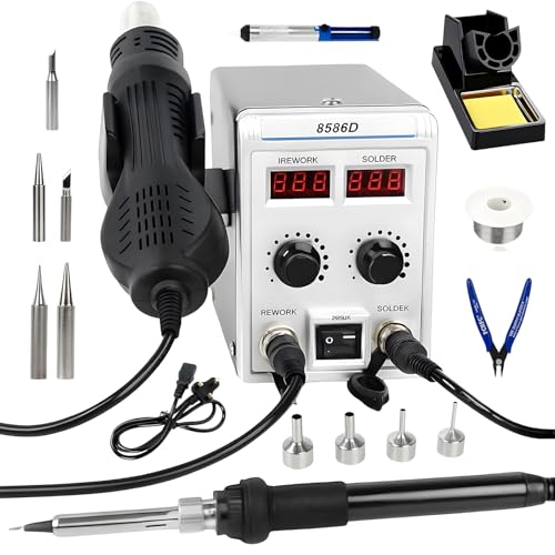 Vocpy 2 in 1 Soldering Station with LED Dual Digital Display, SMD Hot Air Rework Station with Heat Gun and Solder Iron Kit, Electric Soldering Iron Station, Auto Sleep Functions