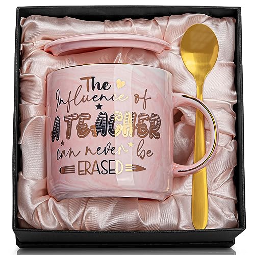 Teacher Appreciation Gifts for Women, Valentine Gift, Birthday, Retirement, Back to School, Graduation, End of Year Gifts - The Influence of A Teacher Can Never Be Erased, 14oz Gold Pattern Marble Mug