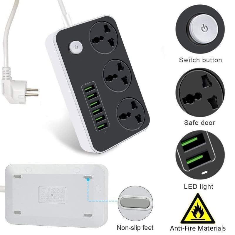 Image of Extension Boards with USB Charging Station Cord 6 Port USB with 3 Universal Sockets, 17W Power - 10 AMP, Individual Switch Control Extension Cord with Long Wire for Travel, Home,Laptop, Office