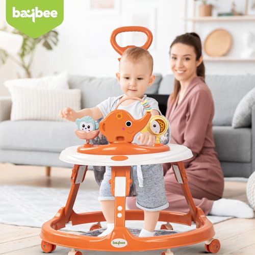 Image of Baybee Minto 2-in-1 Baby Walker for Kids with Push Handle, 2-Level Height Adjustment, Footmat & Musical Toy Bar | Activity Push Walker for Babies 6-18 Months (Orange)