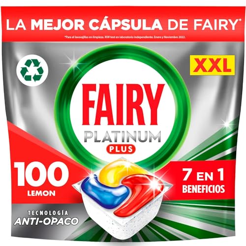 Fairy Platinum Plus Todo en Uno Pastillas Lavavajillas, 100 Capsulas Lavavajillas (5 x 20), Limpieza Profunda y Extra Brillo, Fragancia Limon