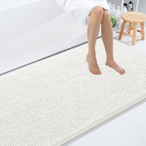 Smiry Luxury Chenille Bathroom Rugs 59x35, Extra Soft and Absorbent Shaggy Bath Mat, Machine Washable, Non-Slip Plush Carpet Runner for Tub, Shower, and Floor, Home Decor Accessories, Ivory