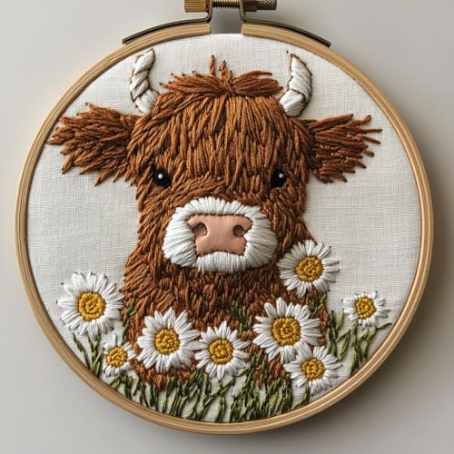 Image of DIY Punch Needle Kits Highland Cow and Daisy Flowers with Hoop 20x20cm-7 | with Pattern Stamped Easy for Beginners Embroidery Punch Needle Starter Craft Set for Adults Festival Gift and Decoration