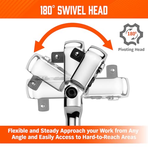 Image of HORUSDY 3 /8 inch Drive 90-Tooth Flex Head Ratchet Handle, 180 Adjustable CR-V Ratchet with Quick Release & Reversible Switch, 4 Swing Arc Socket Wrench for Automotive, Bike & DIY Repair