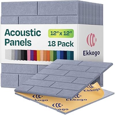 Ekkogo Acoustic Wall Panels 18-Pack, 12"x12"x0.4" Decorative Self-Adhesive Sound Proofing | High Density 3D Brick Soundproof Absorbing Tiles for Walls, Home, Office & Studio - Dusky Gray