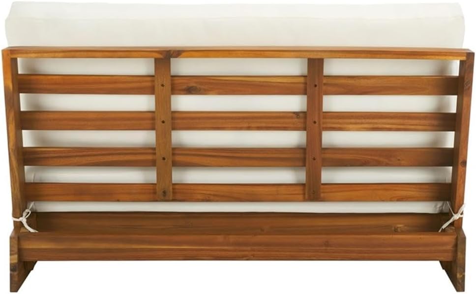 Pemberly Row Acacia Wood Outdoor Sofa, Natural Finish, Beige Polyester Cushions, Sturdy 44.9 x 34.4 x 24.4 in Frame, Modern Coastal Style Seating for Patio, Garden, Sunroom or Covered Outdoor Areas