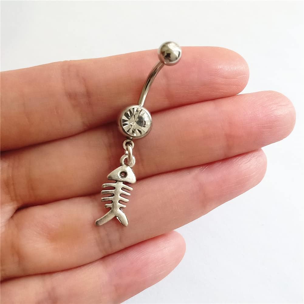 Funny Fish Bone Dangle Belly Button Ring, Mini Skeleton Charm Stainless Steel 14 Gauge Navel Barbell Ring, Ocean Beach Jewelry for Man Woman - Image 2