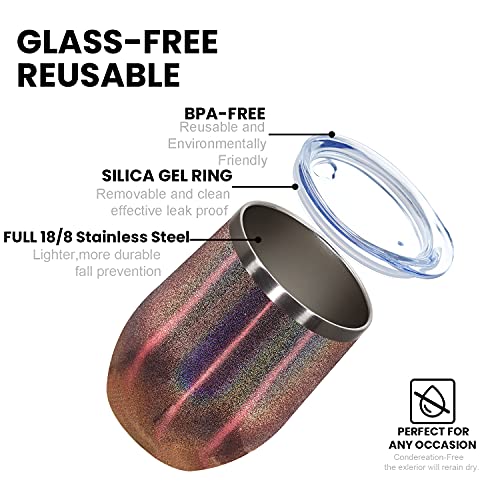 Coktik 16 Pack 12Oz Wine Tumbler With Lid And Straw, Tritter Wall Vacuum Insulated Wine Glass Vacuum Coffee Mug Stemless Cup For Coffee, Wine, Cocktails, Ice Cream(Glitter Chrome, 16 Pack) #TOP4