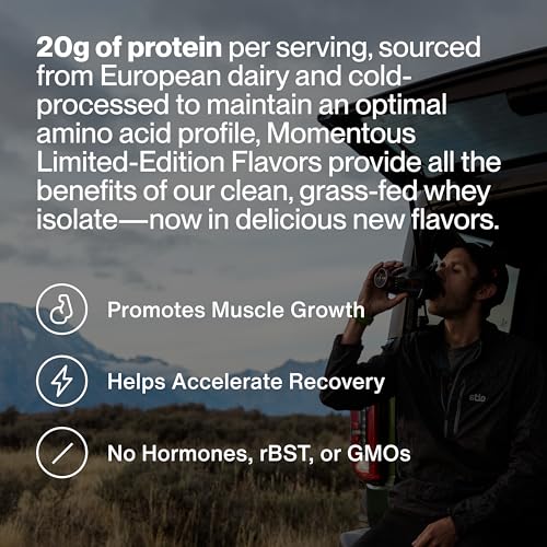 Image of Momentous Essential Grass-Fed Whey Protein Powder - 20 g Whey Isolate Protein - NSF Certified for Sport - Gluten-Free - 12 Servings for Essential Everyday Use - Mint Chocolate - Package May Vary