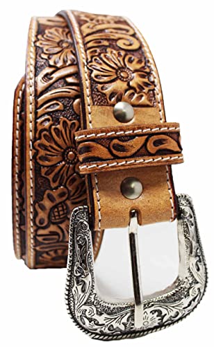 CHALLENGER 31-32 Men's 1-1/2" Wide Tan Leather Floral Tooled Casual Jean Belt 26FK032