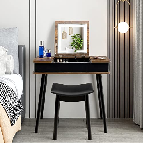 Goflame Vanity Table Set With Flip Top Mirror And Stool, Industrial Makeup Dressing Table With 3-Color Lighting Modes & Usb Charging Port, 2-In-1 Vanity Desk & Writing Desk For Bedroom, Dressing Room #TOP7