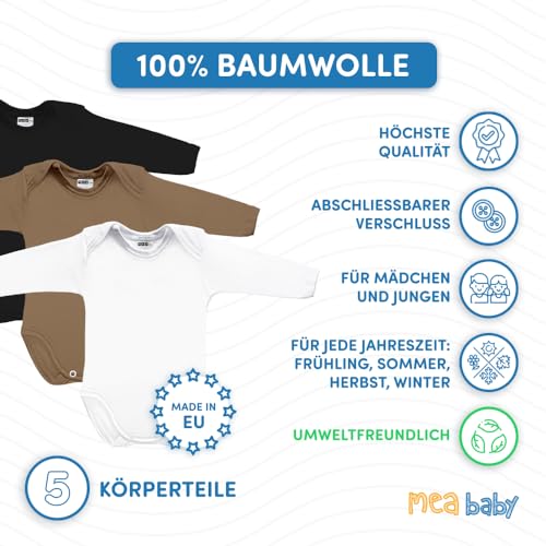 MEA BABY Unisex Baby Langarm Body aus 100% Baumwolle im 5er Pack, Baby Body mit Aufdruck für Mädchen und Jungen (80, Jungen 3)