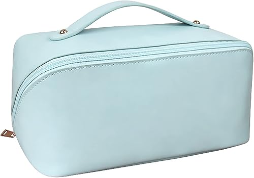 Bolsa de cosméticos de viaje de gran capacidad bolsa de maquillaje plana grande para mujer bolsa portátil impermeable de piel sintética con asa y