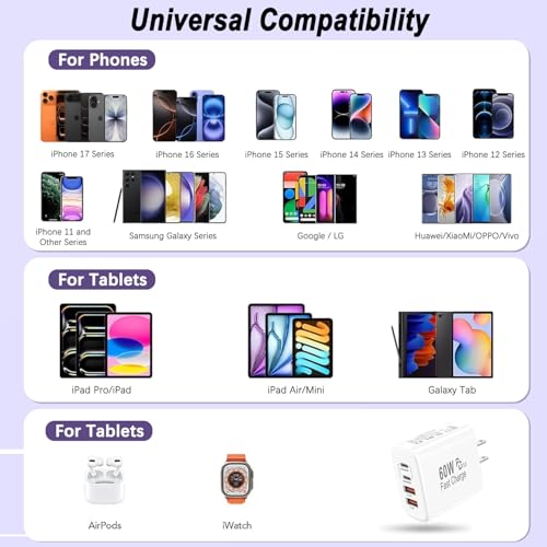 Image of USB C Charger Block,60W 4-Port USB C Wall Charger iPhone Charger Fast Charging PD Power Adapter+QC Wall Plug Multiport Type C Brick Chargers for iPhone 17 16 15 14 13 12 11 Pro Max XS,Samsung