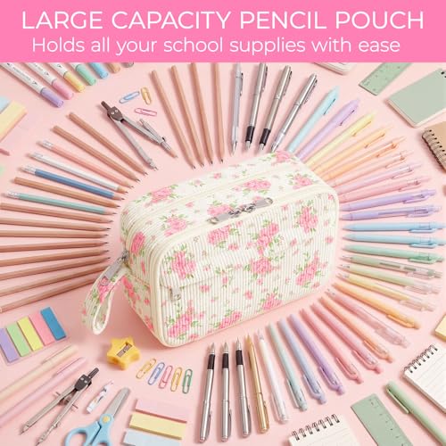 Image of WOBAGMEN Cute Pencil Case,Large Corduroy Zippered Pencil Case Pouch, aesthetic Pencil Bag with Compartments, Pencil Pouch School Supplies (Big Pink Floral)
