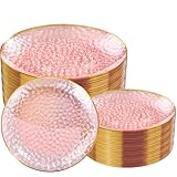 Rubtlamp 100Pcs Clear Pink Gold Plastic Plates, Pink Disposable Plates With Gold Rim, Hammered Plastic Plates Include 50 Clear Dessert Platos, 50 Dinner Platos for Party