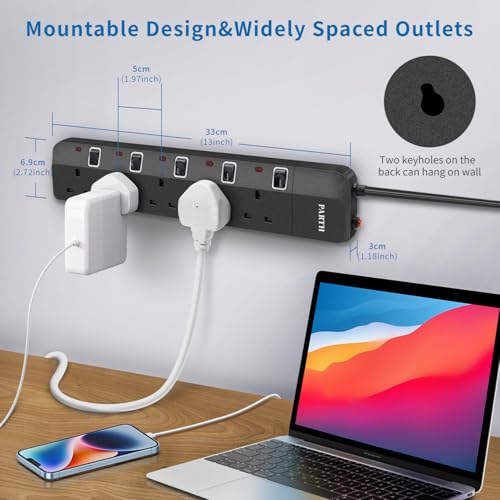 PARTH 2M Black Extension Lead Surge Protection - 5 Gang Multi UK Plug Extension Socket with Switches - 2 Metre Long Heavy Duty Cord Extension Cable- Wall Mounted 5 Way Power Extension 3250W/13A - Image 4