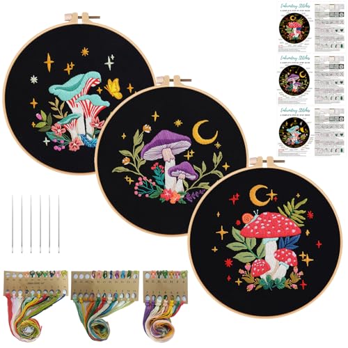 Image of Nuberlic 3 Pack Embroidery Kit for Adults Beginners, Stamped Cross Stitch Starter Kit with Mushroom Patterns, Embroidery Hoops, Threads, Needles & Instructions, DIY Needlepoint Craft Gift