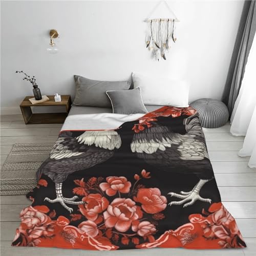 Couverture en flanelle douce microfibre coq fleurs rouges lit - 6