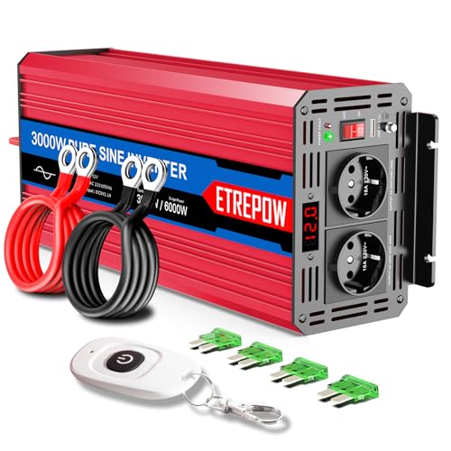 ETREPOW Inversor 12 V 220 v onda pura 3000 W / 6000 W conversor de voltagem com 2 tomadas UE e um USB de 2,1 A, controlo remoto sem fios