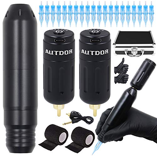 Autdor Tattoo Kit - Professional Tattoo Machine Kit Includes Wireless Tattoo Pen Machine 2Pcs Wireless Power Supply 20Pcs Tattoo Cartridges Needles for Tattoo Pen Kit Tattoo Supplies (Black)