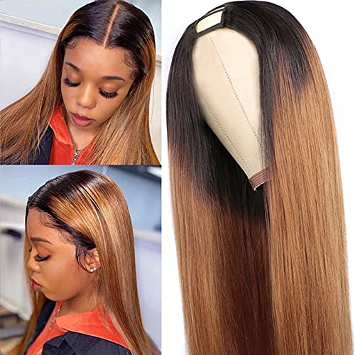 U Part Human Hair Wig Straight Ombre Glueless Colored U Part Wigs for Black Women Clip in 1b/30 Half Wig 2x4 U Shape Wigs Brazilian Remy Human Hair Honey Blonde Brown 150 Density Middle Part 18Inch