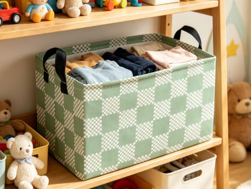 Image of Essme Rectangular Grid Baskets,Green Storage Box,Cute Basket with Handles for Room Decor, Book Bins.(Green grid)