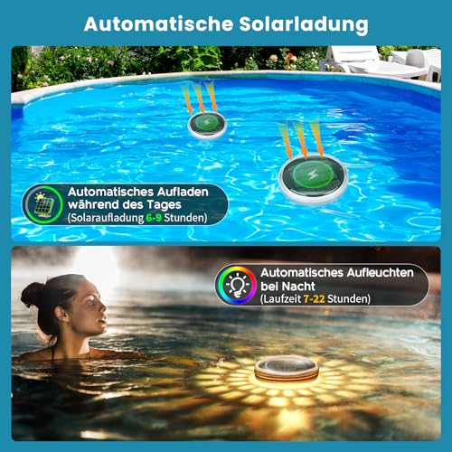 Poolbeleuchtung Unterwasser Solar, 2 Stück Schwimmende Poolbeleuchtung mit Fernbedienung, 12 Farbmodi, Timer, Wasserdicht Teichbeleuchtung Solar Pool Licht für Whirlpool, Schwimmbad, Badewanne Deko