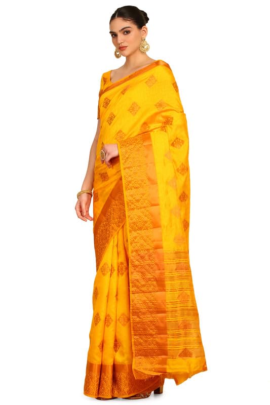 Image of Soch Womens Mustard Geometric Woven Design Brocade Weave Art Silk Saree