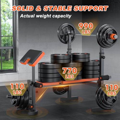 Image of Fostoy 9-in-1 Adjustable Olympic Weight Bench with Lat Pulldown, Row, Squat Rack & Leg Curl - Multi-Function Strength Training Bench Press for Home Gym Full Body Workout