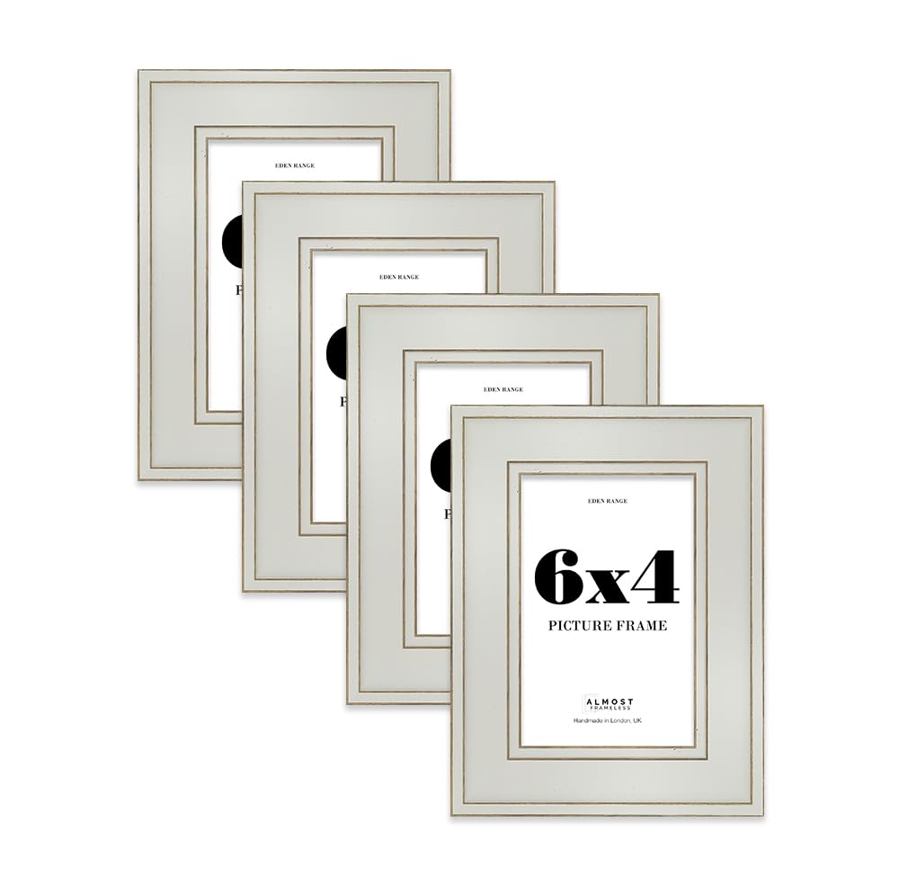 6x4 Light Grey Picture Frame - Shabby Chic Photo Frame with Distressed Finish, Gold Trim, Wall Hooks and Kickstand, 37mm Edge - 4 Pack
