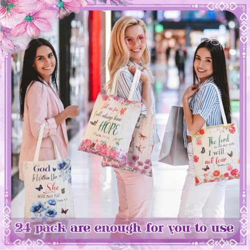 Image of Paterr 24 Pcs Christian Canvas Tote Bags for Women Gifts Religious Gift Bag | Back to School Tote Bags with Handles, Reusable Bible Verse Gift Bags, Inspirational Floral Handbag, for Teacher Church Party