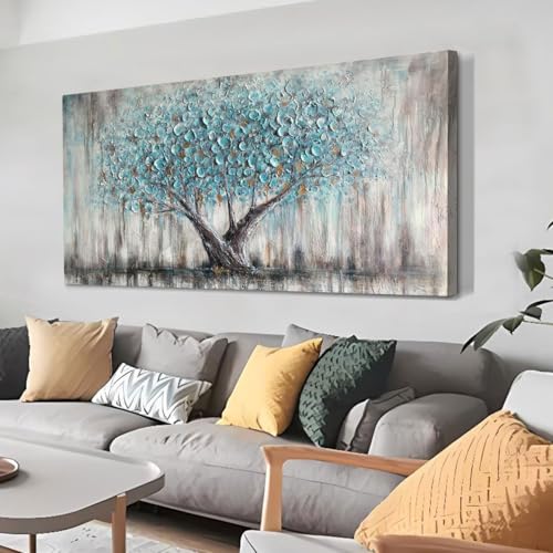 Arjun Tree Wall Art Canvas for Living Room Blue Tree of Life Nature Teal Abstract Textured Painting Picture Modern Panoramic Landscape Artwork Framed Bedroom Home Office Decor, Large Size 48