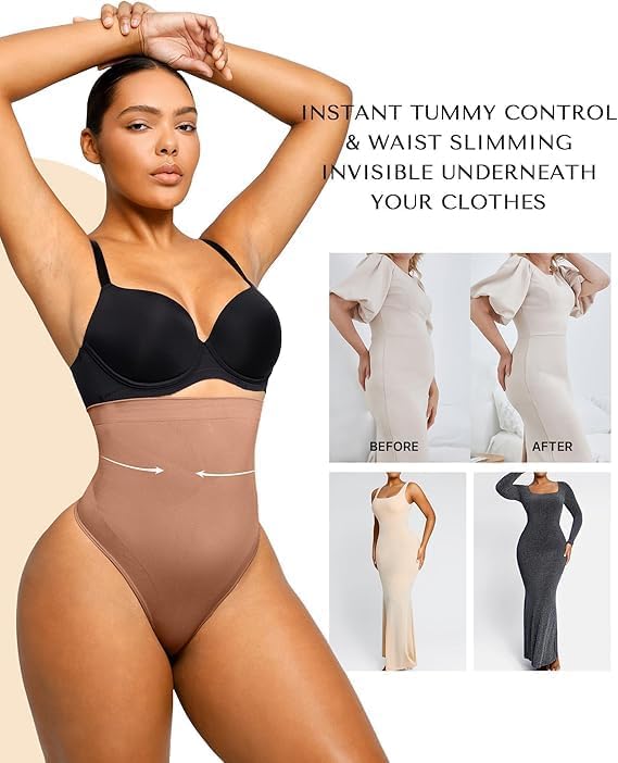 SHAPELLX Women Shapewear Thong Tummy Control Seamless Body Shaper Underwear Waist Slimming Shapewear Panties M L Brown - Image 4