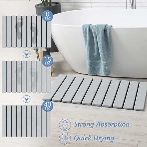 Image of AWW Foldable Stone Bath Mat, Quick Dry Diatomaceous Earth Bath Mat with Non-Slip Mat, Super Absorbent, Easy to Clean, Compact for Small Bathrooms, 23.6 x 15.5, Light Grey