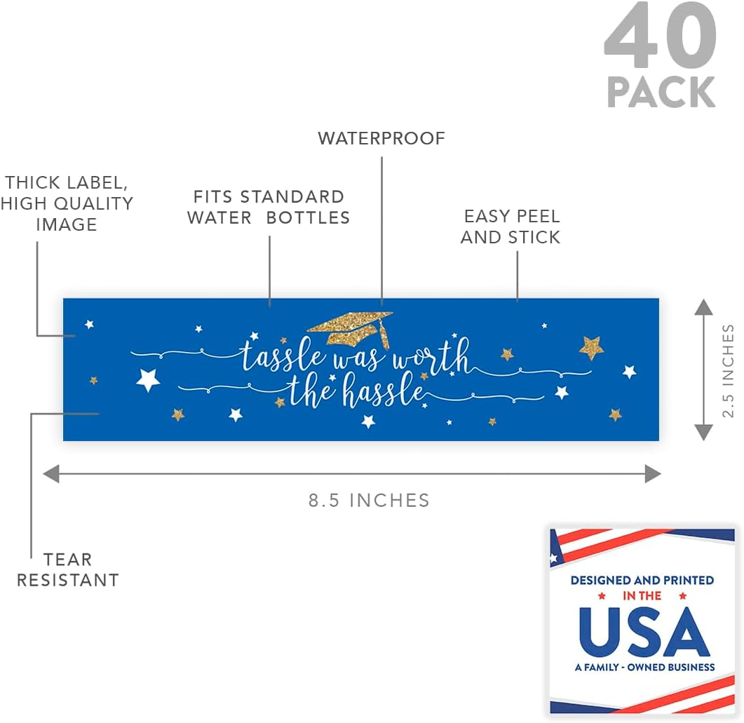 Andaz Press Royal Blue and Gold Glittering Graduation Water Bottle Labels, 20-Pack Graduation Party Favors Class of 2026 Grad Water Bottle Stickers