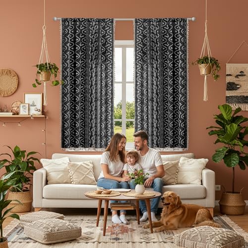 Image of Boho Curtains 63 Inch Long for Living Room, Bedroom, 2 Panels Floral Farmhouse Vintage Tassel Semi Sheer Light Filtering Privacy Window Curtain Drapes with Rod Pocket,Black
